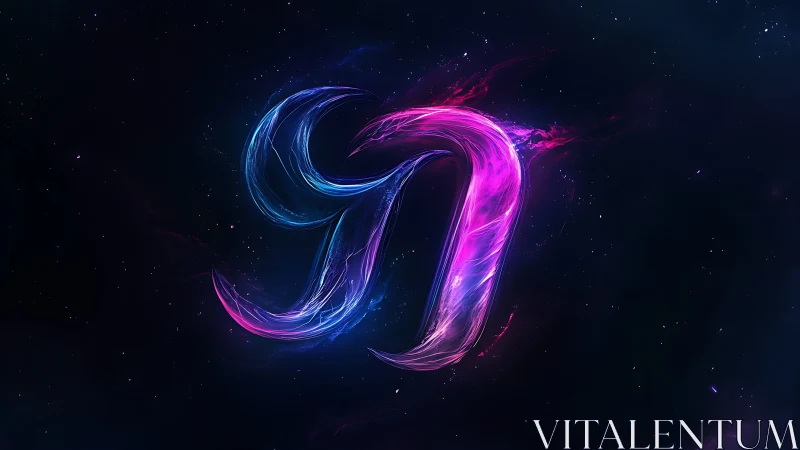 Neon cosmic glyph glows in swirling blue and pink light.