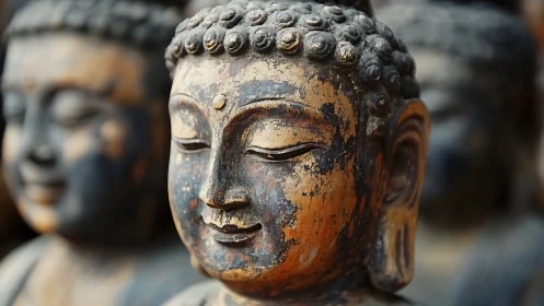 Weathered Buddha head sculpture in shallow focus view.