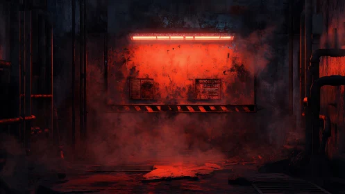 Red warning door glows inside grimy industrial corridor.