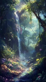 Enchanted Forest Waterfall with Luminous Canopy.