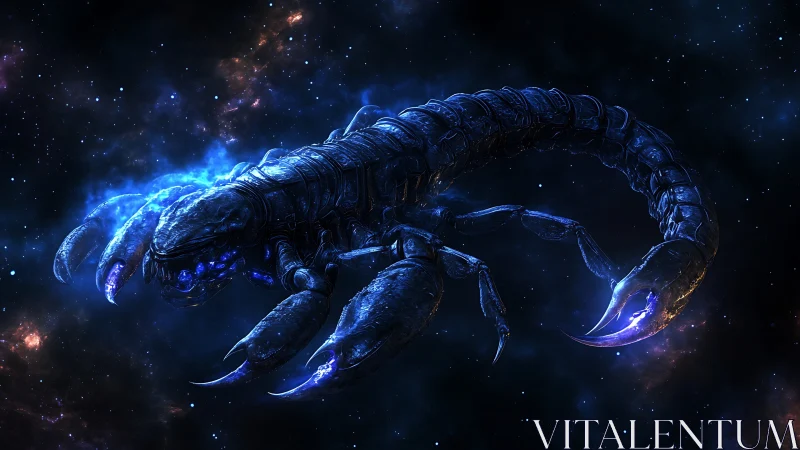 Cosmic scorpion drifts through nebula-lit deep space night.