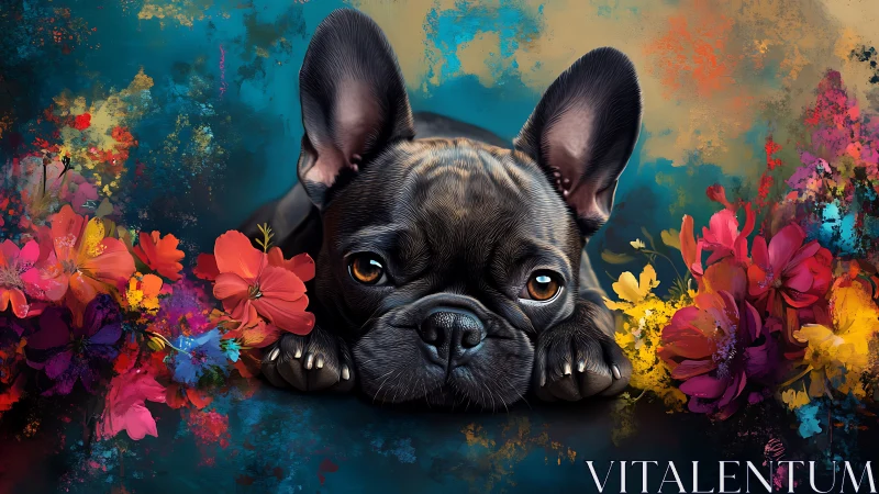 Dreamy Frenchie daydreams in a burst of bright blossoms.