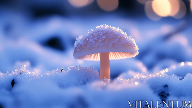 Snow-dusted mushroom glows softly in a dreamy winter dusk.