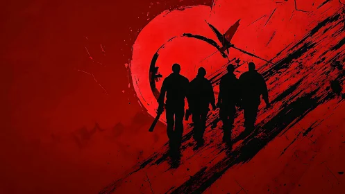 Silhouetted strike team on blood-red abstract battlefield.