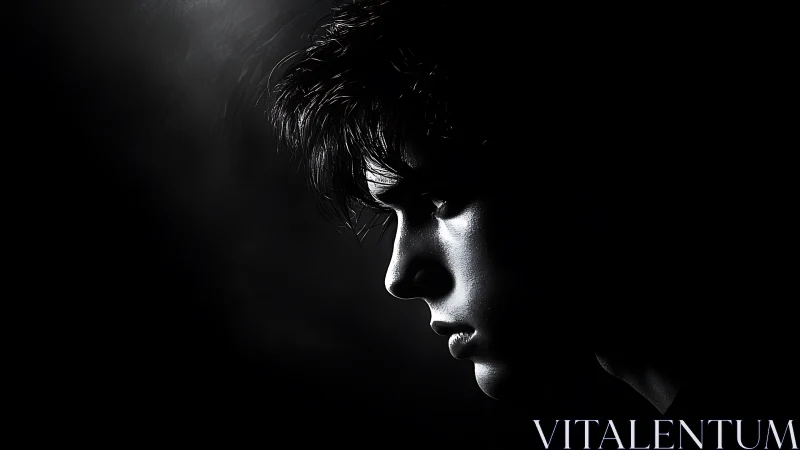 Moody side profile portrait cuts through deep shadowed black