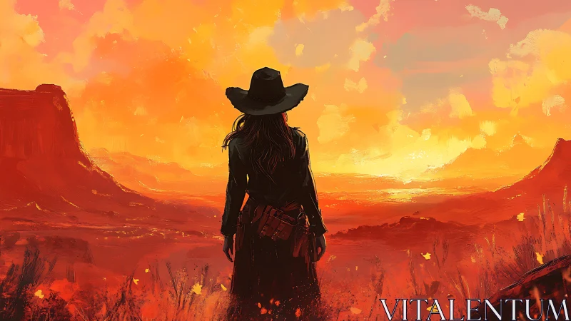 Solitary figure in long coat facing orange desert sunset.