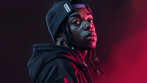 Digital portrait of hooded youth in red rim lighting and profile