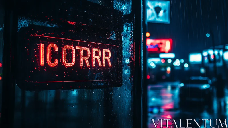 Neon rainspell sign humming over a wet midnight sidewalk.