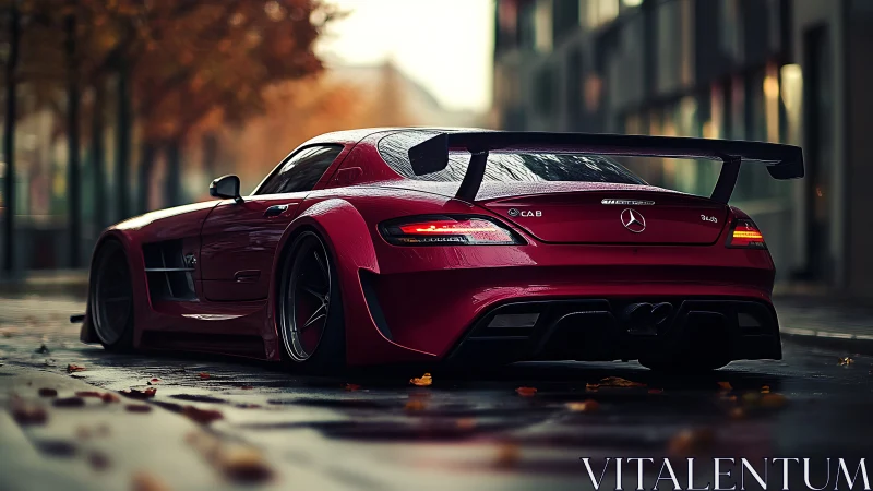 Red Mercedes sports car on wet city street at dusk.