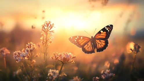 Monarch butterfly in warm backlit wildflower meadow.