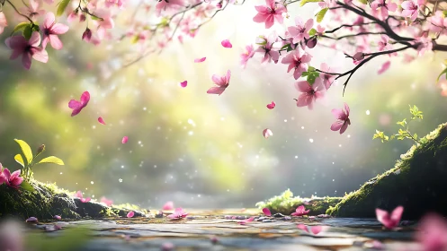 Pink cherry blossoms fall through sunlit spring landscape