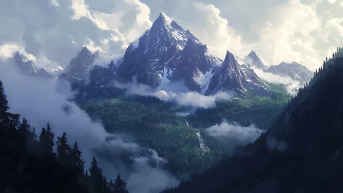 Atmospheric mountain valley with tiered waterfall and cloud strata