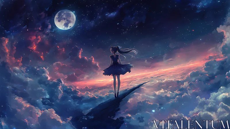 Stargazing girl quietly welcomes the moon above soft clouds
