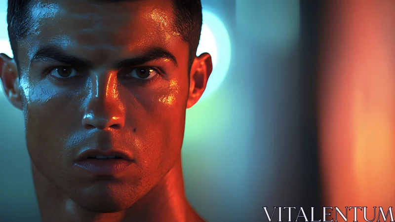 Intense athlete portrait under blue and orange neon light.