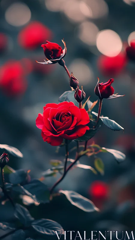 Blooming red rose with closed buds against blurred background bokeh