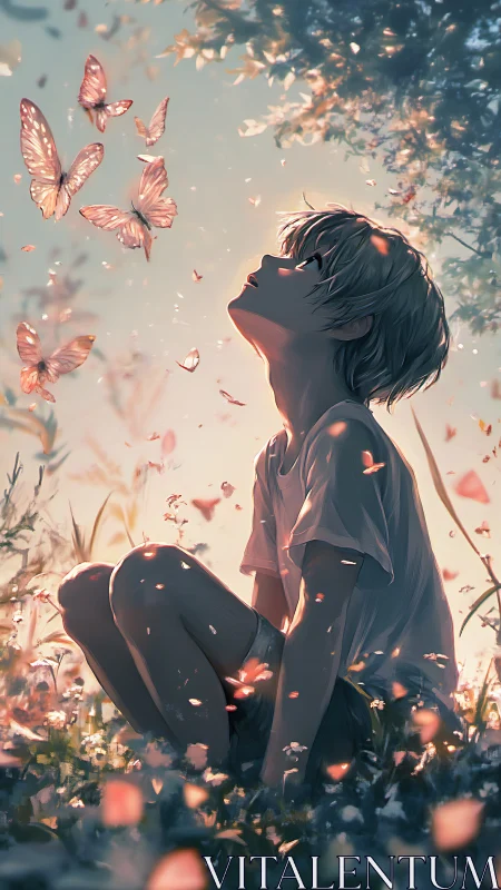 Boy in dusk meadow watching rose-gold butterflies drift.