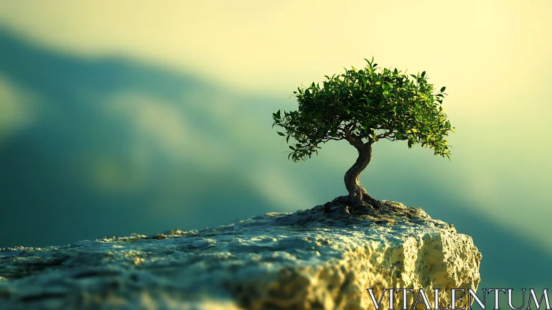 Solitary bonsai tree on rocky cliff ledge at sunrise.
