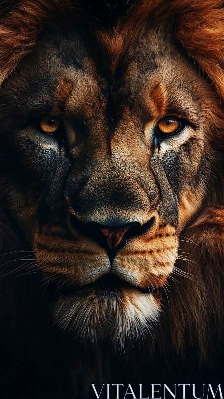 Lion portrait with intense golden gaze in darkness.