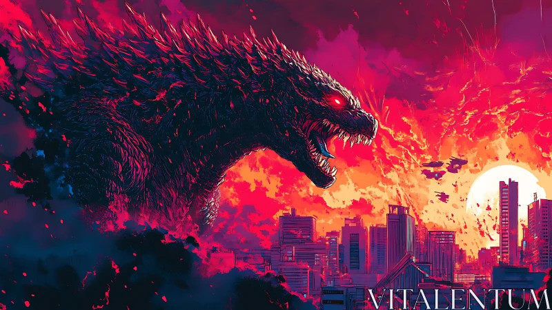 Crimson titan storms neon city beneath burning apocalypse sky.