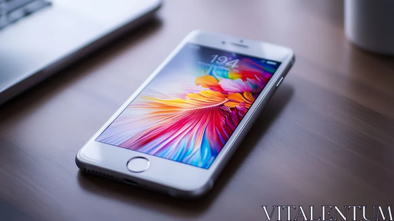 White iPhone displaying vibrant digital wallpaper at workspace