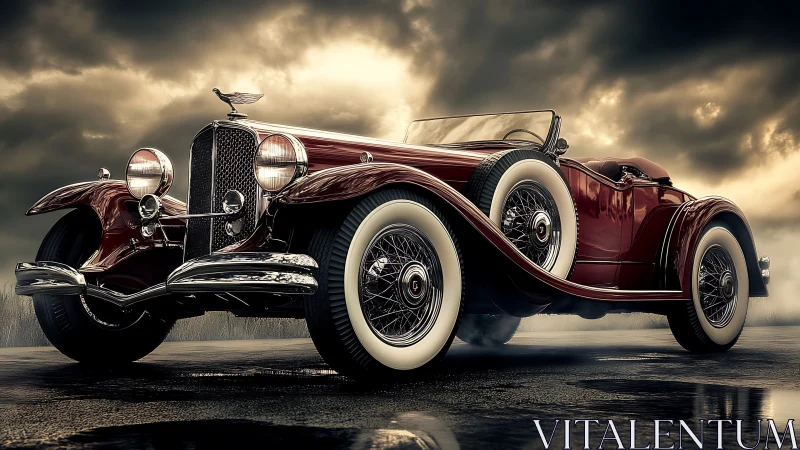 Photorealistic classic roadster under dramatic storm sky.