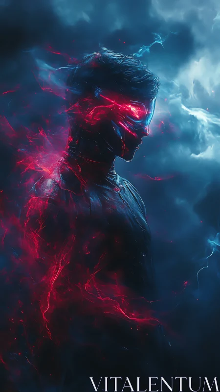 Neon-charged cyber warrior in volatile storm haze.