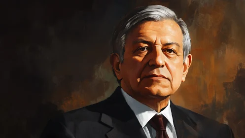 Elderly statesman in formal suit against warm backdrop.