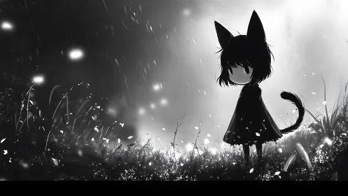 Quiet cat-eared child lingers in a dreamy glowing meadow