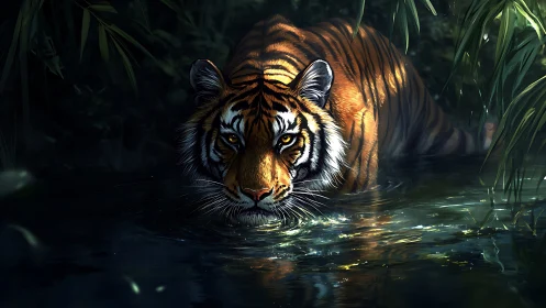 Predatory tiger advances through reflective jungle shallows at dusk
