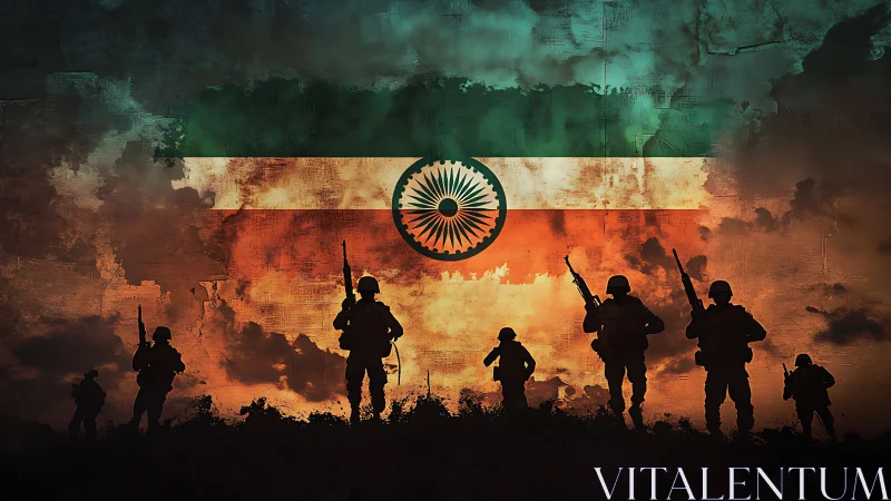 Silhouetted soldiers advance before a distressed Indian flag