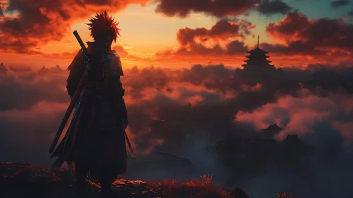 Samurai silhouette above misty pagoda city at sunset.