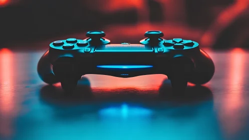 Gaming controller rendered with cyan and red neon lighting effects