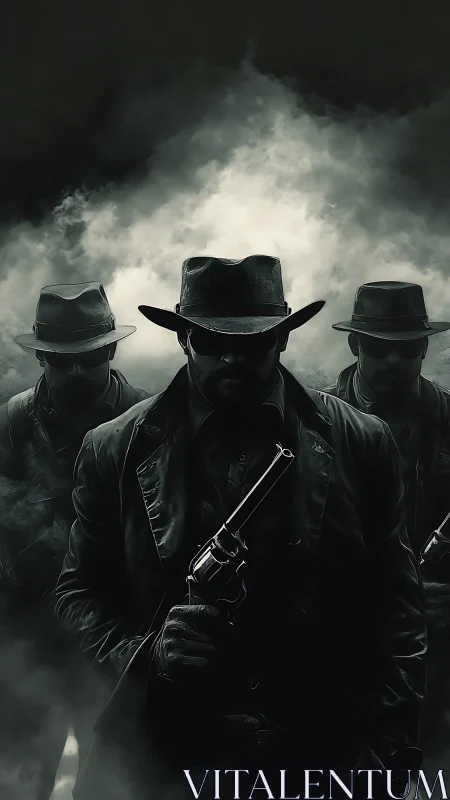 Shadowed gunslingers emerging through swirling ghostly fog.