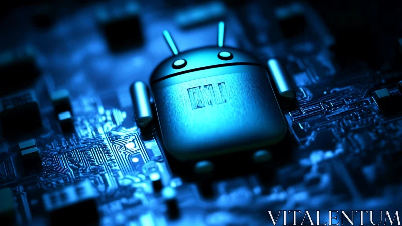 Android robot icon glowing on blue electronic circuit board