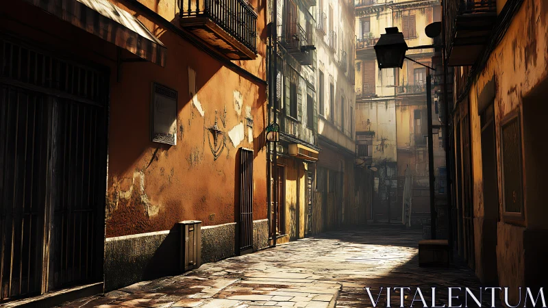 Sunlit Mediterranean alley with textured ochre facades.