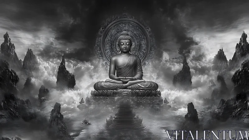Monochrome Buddha statue above misty mountainscape portal.