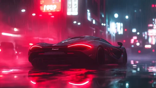 Cyberpunk supercar in neon-soaked rainy alleyway perspective.