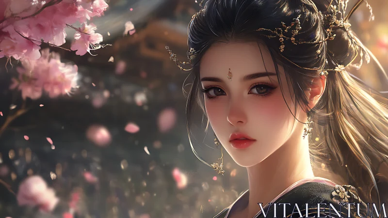 Elegant hanfu maiden stands under drifting cherry blossoms