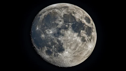 Detailed moon surface with craters and ray systems in space.