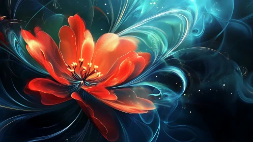 Red abstract flower glows against swirling blue light forms