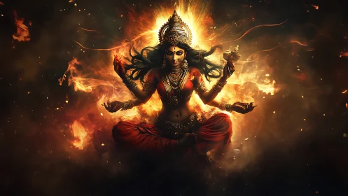 Radiant fire goddess in graceful, powerful meditation pose.
