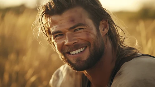 Photorealistic rustic portrait in golden-hour backlight field.