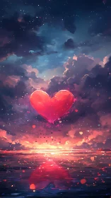 Luminous Heart Suspended in Celestial Sky with Radiating Particles.