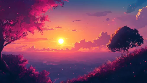 Sunset sky bathes rolling valley and hilltop trees in magenta light
