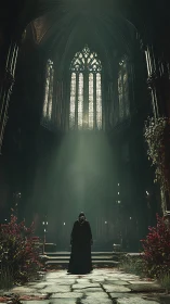Hooded figure under cathedral vaults in dramatic volumetric light