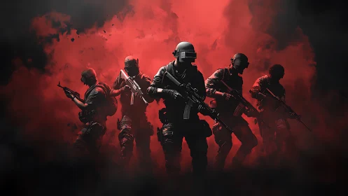 Shadow squad strides forward through burning crimson fog