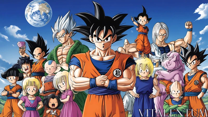 Anime hero ensemble posed under bright blue sky panorama.