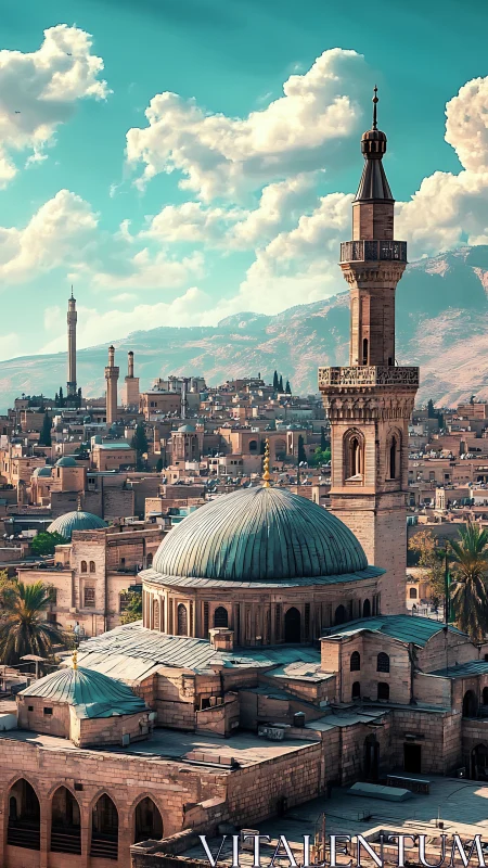 Historic Middle Eastern skyline under turquoise mountain light.