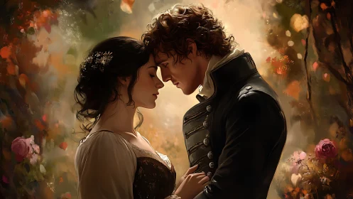 Romantic couple embracing with soft luminous bokeh ambient lighting and floral garden setting.