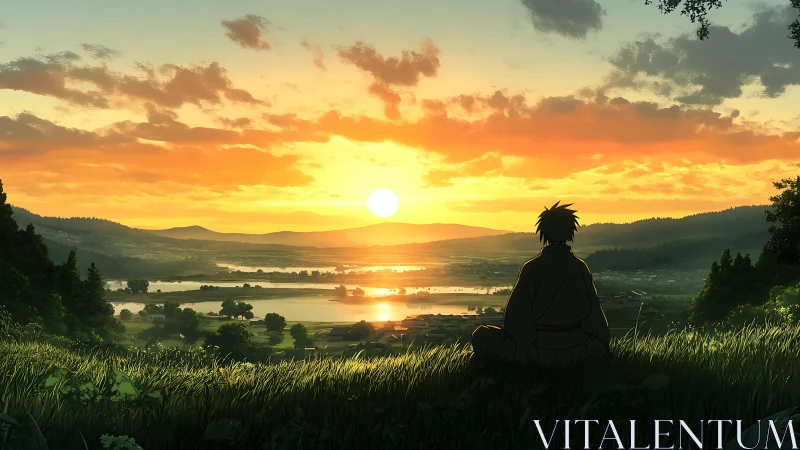 Solitary figure watches a golden sunset over tranquil valley